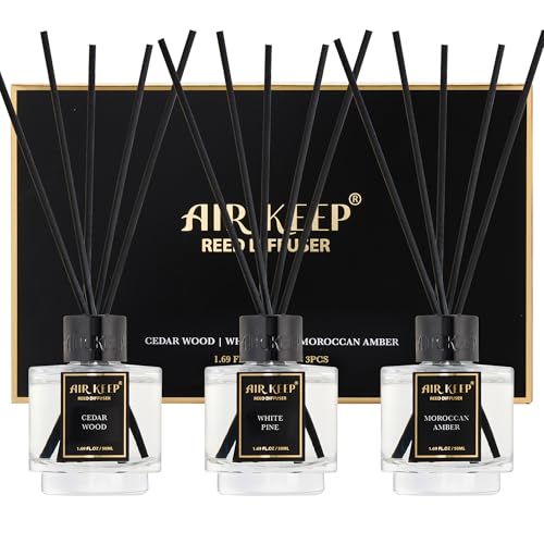 Reed Diffuser Set of 3 for Bathroom Air Fresheners, Oil Diffuser Sticks | Cedar Wood,White Pine Moroccan Amber Scent Diffuser(1.7 fl oz*3) Fragrance with 18 Sticks Defusers | Shelf Decor