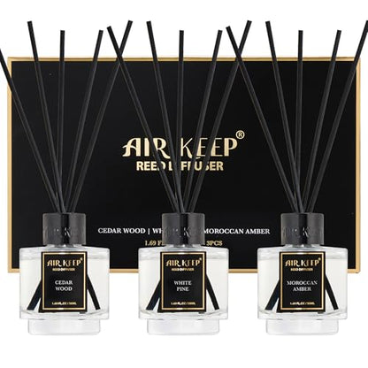 Reed Diffuser Set of 3 for Bathroom Air Fresheners, Oil Diffuser Sticks | Cedar Wood,White Pine Moroccan Amber Scent Diffuser(1.7 fl oz*3) Fragrance with 18 Sticks Defusers | Shelf Decor