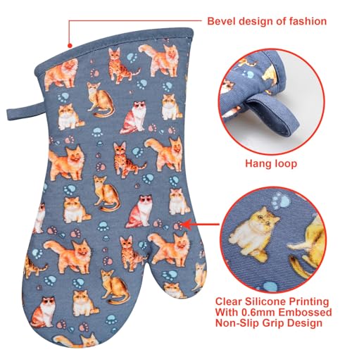 Oven Mitts 1 Pair, Non Slip Clear Silicone Printed Rooster Kitchen Gloves | Heat Resistant 480 ℉ Comfortable Cotton Lining Kitchen Men Cooking Barbecue Machine Washable (Cat, Grey mitts) - color: Cat, Blue Mitts