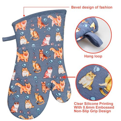 Oven Mitts 1 Pair, Non Slip Clear Silicone Printed Rooster Kitchen Gloves | Heat Resistant 480 ℉ Comfortable Cotton Lining Kitchen Men Cooking Barbecue Machine Washable (Cat, Grey mitts) - color: Cat, Blue Mitts