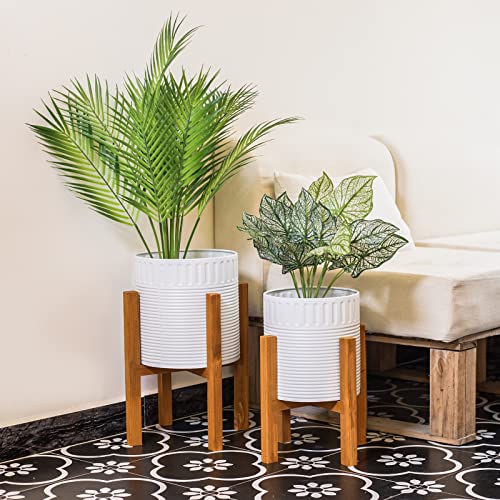 2-Piece White Metal Planter Set with Wood Stand, Indoor Mid Century Modern Planters with Drainage, 8" & 10" | Planter with Drainage Hole, Elevated Wooden Holder, Indoor Home Decor for Snake Plants, Pothos and Large Houseplants