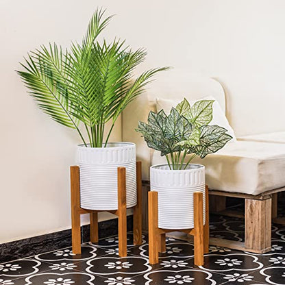 2-Piece White Metal Planter Set with Wood Stand, Indoor Mid Century Modern Planters with Drainage, 8" & 10" | Planter with Drainage Hole, Elevated Wooden Holder, Indoor Home Decor for Snake Plants, Pothos and Large Houseplants