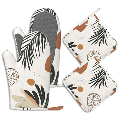 Boho Palm Leaf Potholders & Oven Mitts Sets Abstract Geometric Silicone Heat Resistant Oven Mits and Hot Pads Non-Slip Pot Holders Gloves for Kitchen Chef Cooking Baking Grilling BBQ - color: Boho Palm Leaf,abstract Geometric