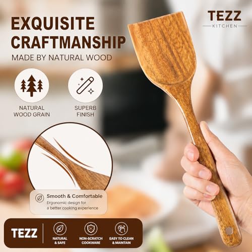 Premium 5 pcs Wooden Spoons For Cooking, Wood kitchen Spatula Utensils set | Acacia Wood Utensil set With Soup Ladle and Wok Spatula, Salad fork for Non-stick Skillet
