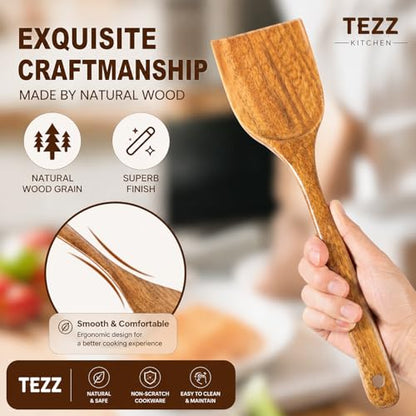 Premium 5 pcs Wooden Spoons For Cooking, Wood kitchen Spatula Utensils set | Acacia Wood Utensil set With Soup Ladle and Wok Spatula, Salad fork for Non-stick Skillet