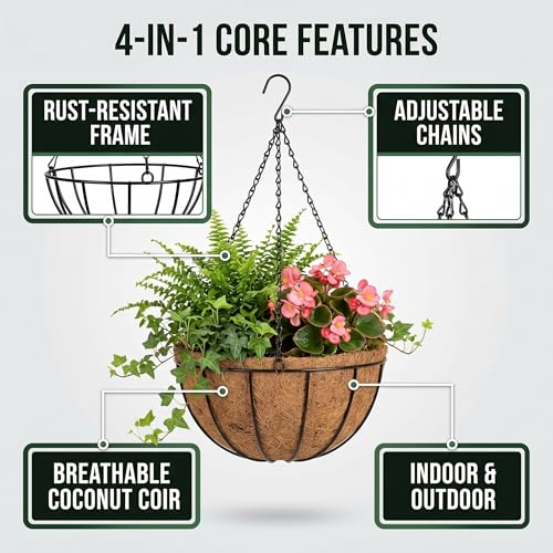 Kingbuy 10 Inch Metal Hanging Planter Basket with Coconut Liner Wire Plant Holder Watering Flower Baskets Round Pot Hanger Garden Decoration for Indoor Outdoor - size: 10 Inch, style: 1 Pack