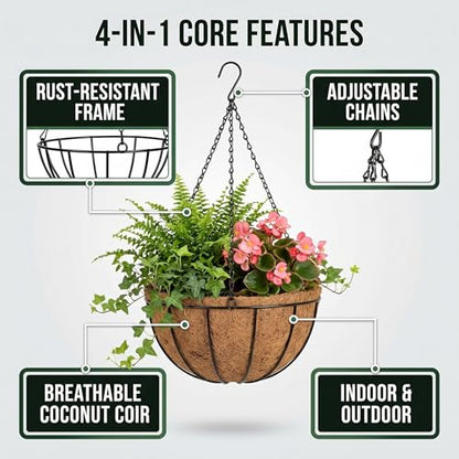 Kingbuy 10 Inch Metal Hanging Planter Basket with Coconut Liner Wire Plant Holder Watering Flower Baskets Round Pot Hanger Garden Decoration for Indoor Outdoor - size: 10 Inch, style: 1 Pack