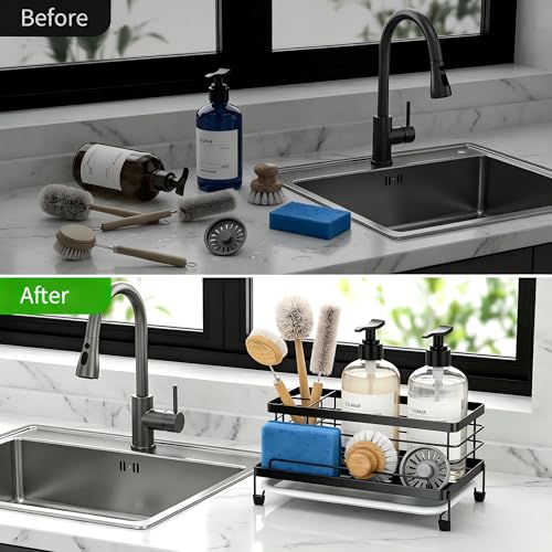 Cisily Sponge Holder for Kitchen, Sink Caddy Organizer, Kitchen Sink Accessories with Drip Tray, Rustproof and Non-slip Kitchen Sink Sponge Holder (Black) - color: Black