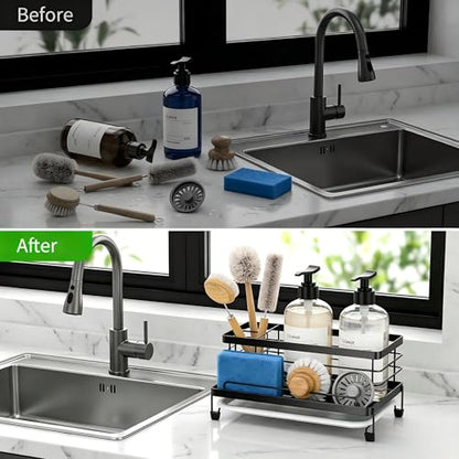 Cisily Sponge Holder for Kitchen, Sink Caddy Organizer, Kitchen Sink Accessories with Drip Tray, Rustproof and Non-slip Kitchen Sink Sponge Holder (Black) - color: Black