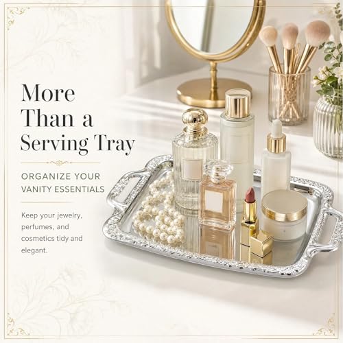 2 Pack Silver Serving Trays with Handles, Floral Engraved Polished Metal Platters, Multipurpose Decorative Tray for Food Serving Jewelry Cosmetics Home Party Decor