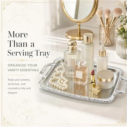 2 Pack Silver Serving Trays with Handles, Floral Engraved Polished Metal Platters, Multipurpose Decorative Tray for Food Serving Jewelry Cosmetics Home Party Decor