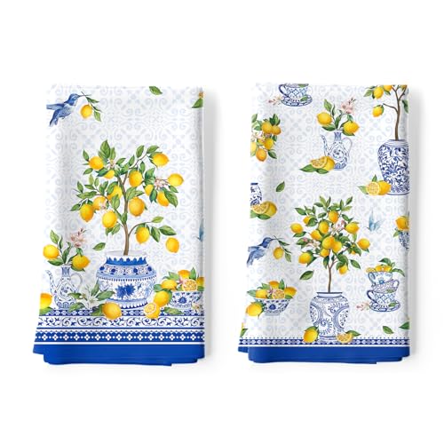 Lemon Chinoiserie Tea Towels, 100% Cotton Kitchen Towels, Set of 2 | 18.9 x 27.5 in / 48 x 70 cm, Lightweight Woven Dish Cloth with Lemon Chinoiserie Print for Summer Kitchen Decor, Hostess Gift - color: Summer Lemon