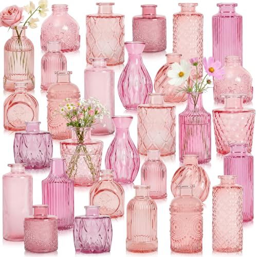 30 Pcs Pink Glass Bud Vases Bulk, Vintage Small Flower Vase Set with Relief Designs, Aesthetic Mini Decorative Vases for Wedding Table Centerpieces, Blush Pink Romance, Home Decor - color: Pink Series, size: 30Pcs