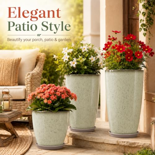 Neoaider Set of 3 Tall Planter, 24/21/12in Large Plastic Planter, DripGlaze | Ceramic-Look, Lightweight, Built-in Drain Hole, Saucers, Tall Outdoor Planter for Porch, Garden, Patio, Balcony - color: Drip Glaze