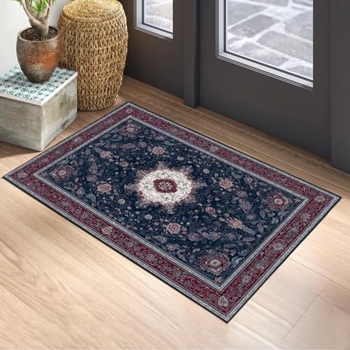 Spring Flower Area Rug 2x3 ft Entry Rug Washable Boho Rugs Non Slip Low Pile Floral Door Mat Small Carpet for Bedroom, Bedside, Kids Room, Office, Dining Room - color: Red & Black-1, size: 2' x 3' (Rectangular)