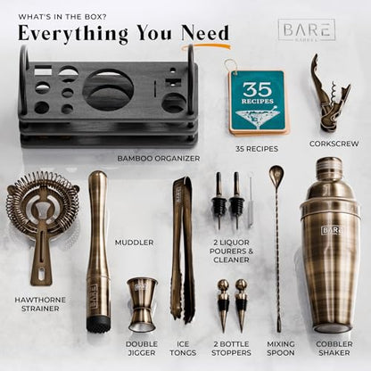 BARE BARREL® Mixology Bartender Kit Bar Set | 14-Piece Cocktail Shaker Set | Martini Barware Mixing Tools for Home Bartending | 35 Recipe Cards | Gift Set (24oz Cobbler Shaker, Brass/Black) - color: Brass/Black