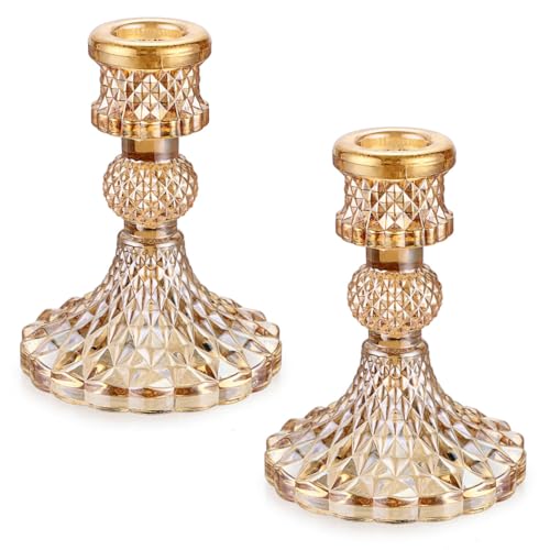 OwnMy Gold Glass Taper Candle Holders Decorative Glass Candlestick Holders | 2PCS Modern Glass Taper Candle Stands, Glass Taper Candlestick Holders for Dining Table Centerpieces Wedding Church Decors