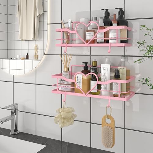 Pink Shower Caddy with 4 Removable Hooks, 2 Pack Sweet Heart Shower Shelves,No Drilling Adhesive Organizer Shelf for Bathroom Shower,Kitchen,Bedroom | Shower Shelf with 4 Removable Hooks,Holds 40 lbs,Rustproof Metal,For bathroom,kitchen,dorm,Cute Shower O