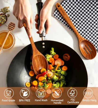 Large Wooden Cooking Spoon Set, 2Pack Natural Teak Wood Spoons for Cooking, Non-Stick Slotted and Corner Serving Spoon with Long Handle, Heat-Resistant Wooden Spatula Spoons for Kitchen Needs