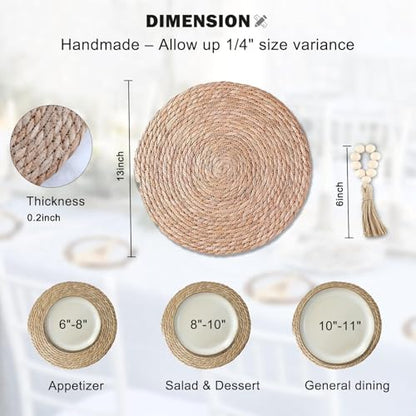 Boho Woven Placemats Set of 6 with Wooden Napkin Rings, 13" Natural Water Hyacinth Table Mats Charger Plates for Christmas Decorations, Thanksgiving, Rustic Dining & Home Decor