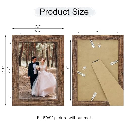 iRahmen 6x9 Picture Frame Set of 4, High Definition Real Glass Rustic Wood Frame, 6 x 9 Photo Frames for Tabletop Display and Wall Mounting - color: Brown, size: 6X9