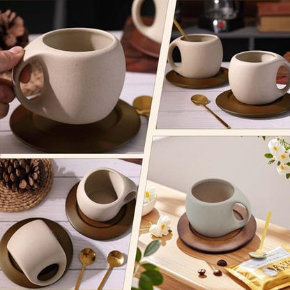 Ceramic Coffee Mug Set with Natural Wood Saucer & Spoon - 8.5 Oz Elegant Tea Cups for Latte, Hot Tea, Cappuccino, Milk - Microwave & Dishwasher Safe Cups for Men Women Birthday Christmas Gifts