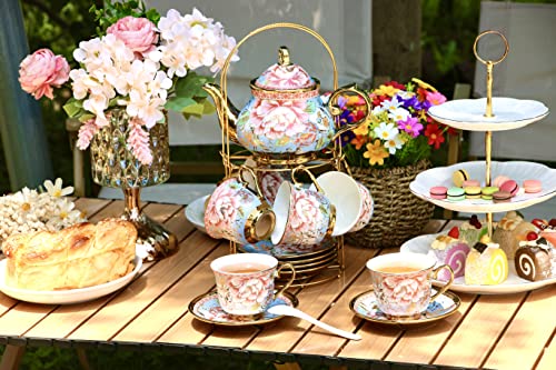 20 Pieces Porcelain Tea Set With Metal Holder, European Ceramic tea set for adults,Flower Tea Set,Tea Set For Women With Flower Painting(Large version, Light Blue)) - color: Light Blue
