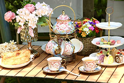 20 Pieces Porcelain Tea Set With Metal Holder, European Ceramic tea set for adults,Flower Tea Set,Tea Set For Women With Flower Painting(Large version, Light Blue)) - color: Light Blue