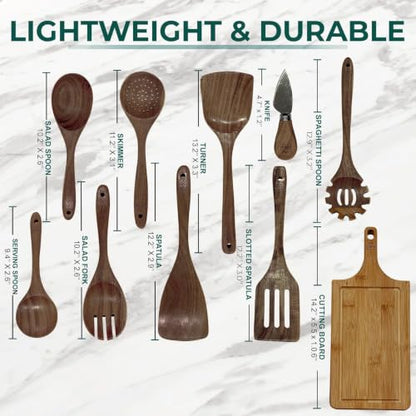 Wooden Spoons for Cooking, 10 Pcs Teak Wooden Kitchen Utensil Set, Teak Wooden Utensil Set, wooden cooking utensils, non toxic cooking utensils with knife and bamboo board