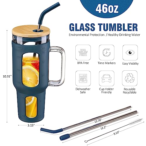 WINSA Glass Tumbler with Lid and Straw, 46 oz, Blue | Iced Coffee Cup with Handle, Large Water Bottle with Silicone Sleeve, Pearl Straw & Drinking Straw, BPA Free - color: Blue, size: 46 Ounces