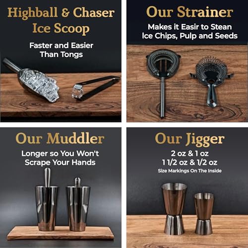 Highball & Chaser 13-Piece Cobbler Cocktail Shaker Set: Black Polished Stainless Steel Bartender Kit for Home Bar Set | Laser Engraved Tools Plus E-Book with 30 Recipes - color: Gunmetal
