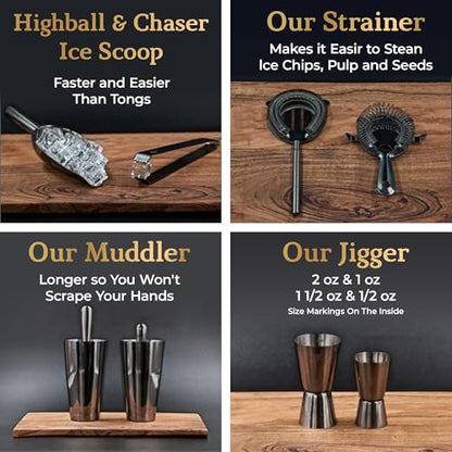 Highball & Chaser 13-Piece Cobbler Cocktail Shaker Set: Black Polished Stainless Steel Bartender Kit for Home Bar Set | Laser Engraved Tools Plus E-Book with 30 Recipes - color: Gunmetal
