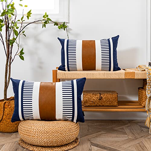 Set of 2 Navy Blue and White Stripe Throw Lumbar Pillow Covers 12x20 inch,Faux Leather Modern Accent Boho Cushion Cover for Couch Living Room Bedroom - color: Navy Blue, size: 20" x 12" (Pack of 2)