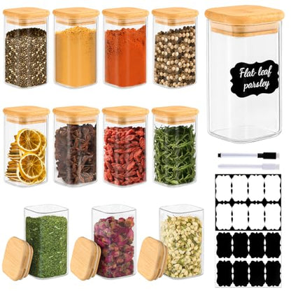 12 Pack 8 oz Square Glass Spice Jars with Lids and Labels – Airtight Small Spice Containers Set, Clear Glass Storage Jars for Seasoning, Spices, Kitchen Pantry Organization - color: Square/8oz/12pcs