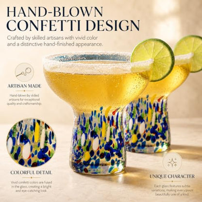 Large Stemless Hand Blown Confetti Margarita Glasses - 14 oz - Set of 2 | Colorful Artisan Glassware, Perfect for Margaritas, Martinis, Wine, Cocktails & Champagne, Great for Cinco de Mayo & Parties - style: Mexican Confetti Margarita Glass
