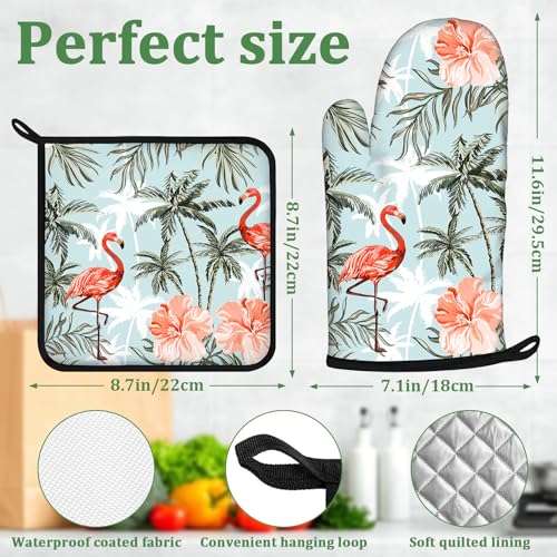 Tropical Flamingo Palm Flower Oven Mitts and Pot Holders Set 4 Pcs Extra Long Heat Resistant Gloves Potholder for Baking, BBQ, Grilling - color: Flamingo