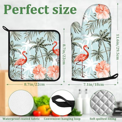 Tropical Flamingo Palm Flower Oven Mitts and Pot Holders Set 4 Pcs Extra Long Heat Resistant Gloves Potholder for Baking, BBQ, Grilling - color: Flamingo