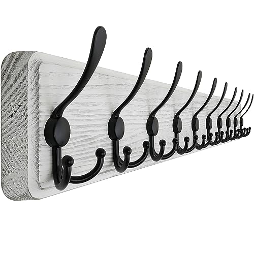 SKOLOO Coat Rack Wall Mounted - 38.3'' Long, Wooden, Heavy Duty, Rustic Coat Hooks for Wall, Wall Coat Rack with 10 Triple Hooks for Hanging Clothes, Jacket, Hat(Weathered White) - color: White Plate & Black Hook, size: 1 Item-10 Hooks