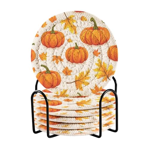 Caikeny 6 Pcs Drink Coasters with Metal Holder Orange Fall Pumkin Maple Leaves Absorbent Coasters Decorative Woven Coaster Set for Coffee Table - color: Multi 10k1.38