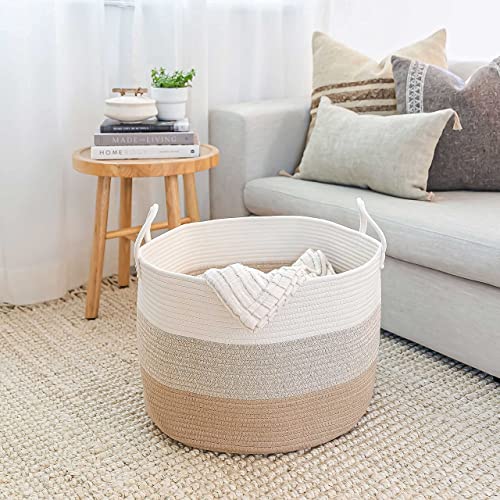 OrganiHaus Round Toy Basket & Blanket Basket, Cotton Rope 20x13" | 3-Toned Honey - Round Cotton Rope Basket, 20x13" - color: 3-toned Honey, size: Wide