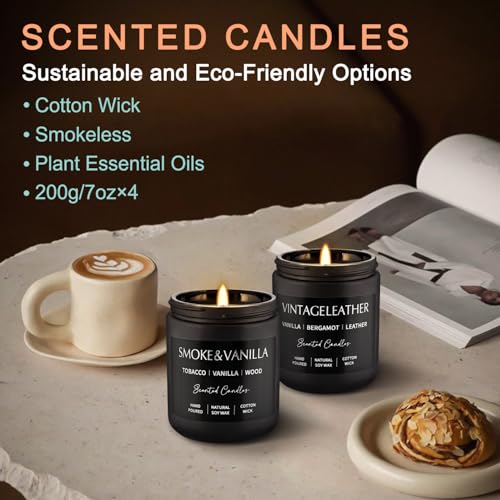 WPONSZU 4Psc Scented Candles Set,7oz Gifts for Men Aromatherapy,Soy Candle of Smokeless - Leather & Smoke, Vanilla Oakmoss, Lavender - Relaxing Fragrance for Home, Office, Yoga(Black) - color: 4Pack-Black