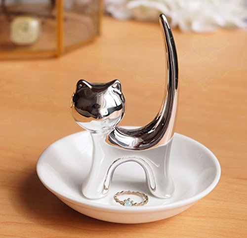 PUDDING CABIN Ring Holder Dish, Sliver Cat, Jewelry Storage for Women, Cat Lover Gifts, Christmas, Mother's Day, Birthday, Wedding, Engagement, Valentine's Day - style: Long Tail Cat
