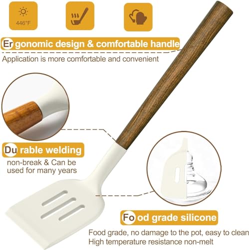 Non-Stick Silicone Kitchen Utensils Set with Natural Acacia Hard Wood Handle, Umite Chef 8 Pieces Kitchen Spatulas set, White, BPA Free, Baking, Serving and Cooking Utensils - color: White