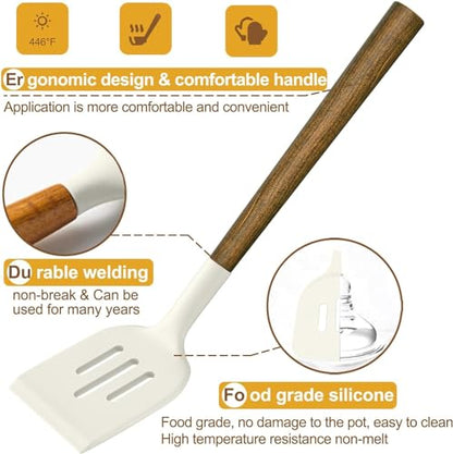 Non-Stick Silicone Kitchen Utensils Set with Natural Acacia Hard Wood Handle, Umite Chef 8 Pieces Kitchen Spatulas set, White, BPA Free, Baking, Serving and Cooking Utensils - color: White