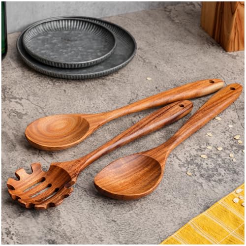 Gudamaye 13 inch Long Wooden Spoons for Cooking, 9 PCS Natural Teak Wooden Kitchen Utensil Set with Utensils Holder Made of Australia Camphor Laurel Wood，Wooden Utensils for Cooking - size: 10 PCS Long Handle with Holder