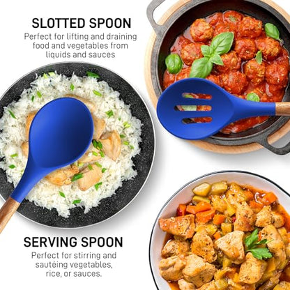 Zulay Kitchen 5 Piece Silicone Utensil Set | Non-Stick Silicone Cooking Utensils Set with Acacia Wood Handles - 464°F Heat Resistance Kitchen Utensils Set - Dark Blue - color: Royal Blue, size: 5-Piece Set
