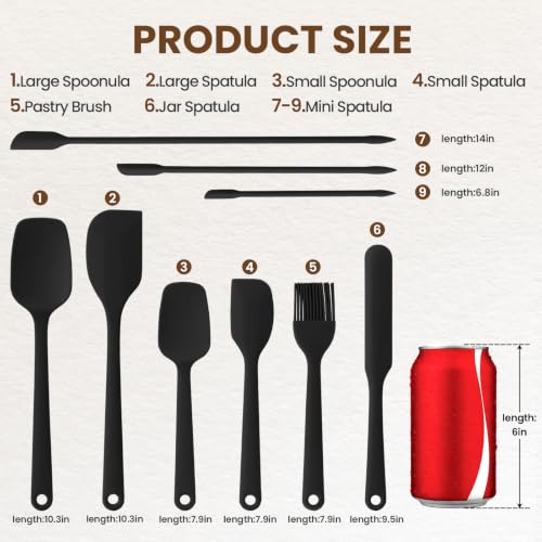 Silicone Spatula Set,9-Piece BPA Free Food Grade Heat Resistant Spatulas for Cooking Baking,Seamless One Piece Design,Non-Stick Safe,Dishwasher Safe,Withstands -104°F to 600°F（Black） - color: Black