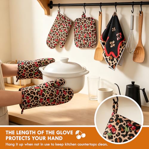 6-Piece Cheetah Cherry Oven Mitts and Pot Holders Set for Cooking | Gloves with Kitchen Towels, Heavy Duty Heat Proof Kitchen Essentials for Cooking, Baking, Grilling