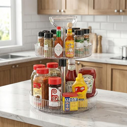 Lazy Susan Organizer – 2 Tier Rotating Spice Rack Turntable, 11.4" Plastic Spinning Organizer for Kitchen Cabinet Pantry Countertop Cupboard Bathroom Storage, Clear - size: Clear