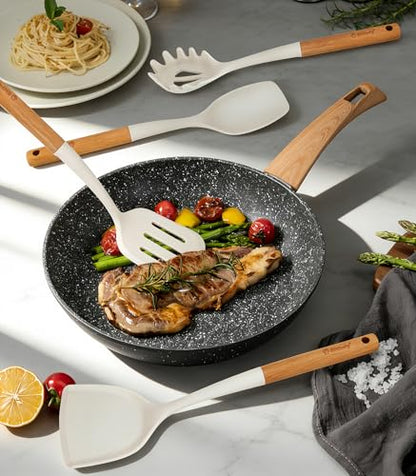 Large Silicone Kitchen Utensils Set with Holder, 25Pcs Cooking Utensil Set with Wooden Handle, Heat Resistant Spatula Sets for Cooking, BPA Free Silicone Utensils Set for Non-Stick Cookware(White) - color: White